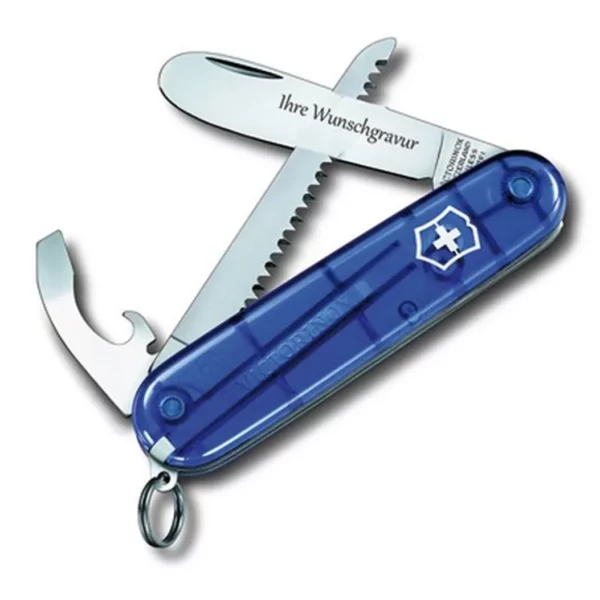 ابزار جیبی آبی با حکاکی نام ویکتورینوکس سوئیس victorinox My First H